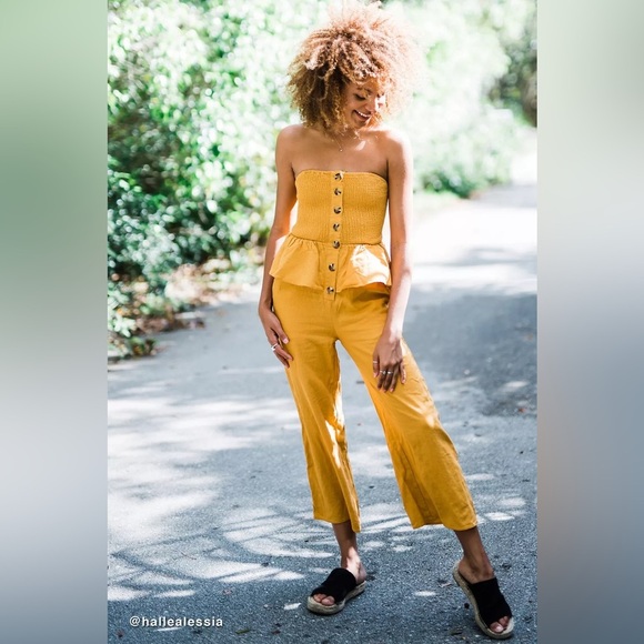 Urban Outfitters San Fernando Smocked Strapless Ruffle Jumpsuit mustard color XS - Picture 1 of 15